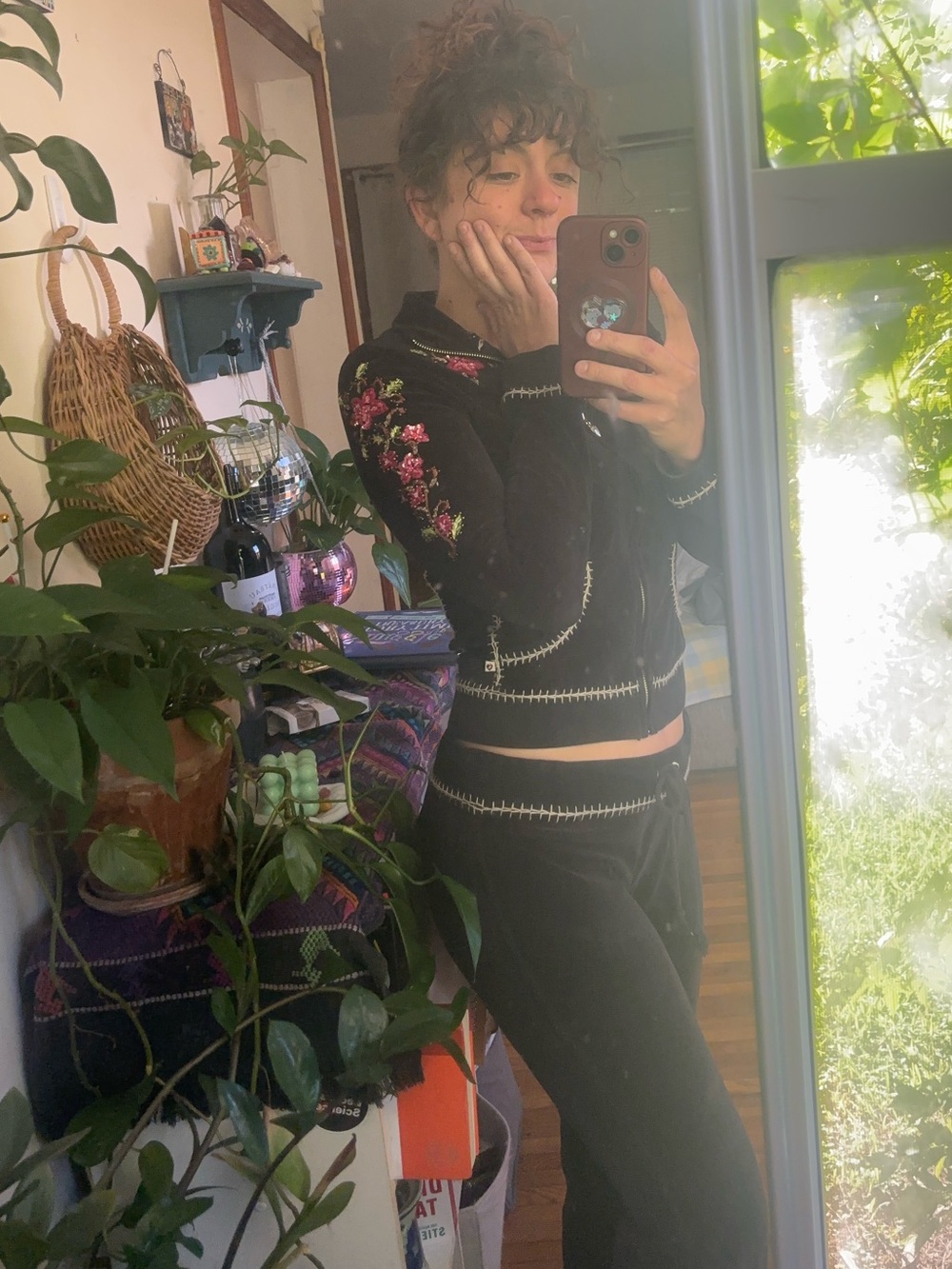 TWISTED HEART Black Velour Drawstring Track Pants with Pink Floral Accent - Picture 8 of 8